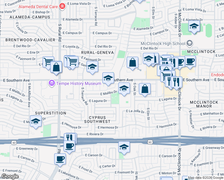 map of restaurants, bars, coffee shops, grocery stores, and more near 1228 East Malibu Drive in Tempe