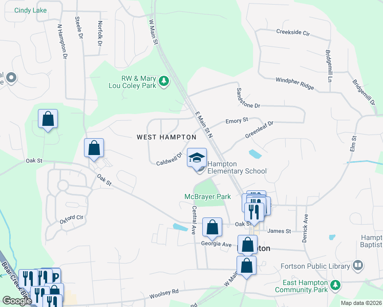 map of restaurants, bars, coffee shops, grocery stores, and more near 20 Porter Circle in Hampton