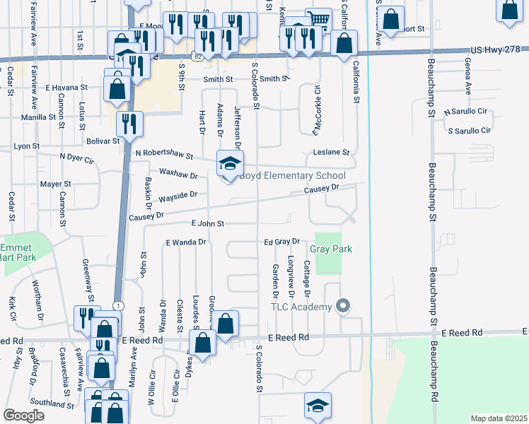 map of restaurants, bars, coffee shops, grocery stores, and more near 1434 East John Cove in Greenville