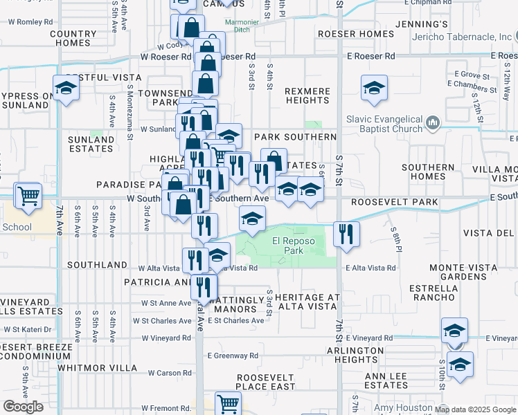 map of restaurants, bars, coffee shops, grocery stores, and more near 305 East Southern Avenue in Phoenix