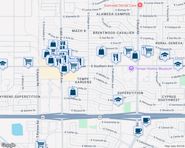 map of restaurants, bars, coffee shops, grocery stores, and more near 314 East Laguna Drive in Tempe