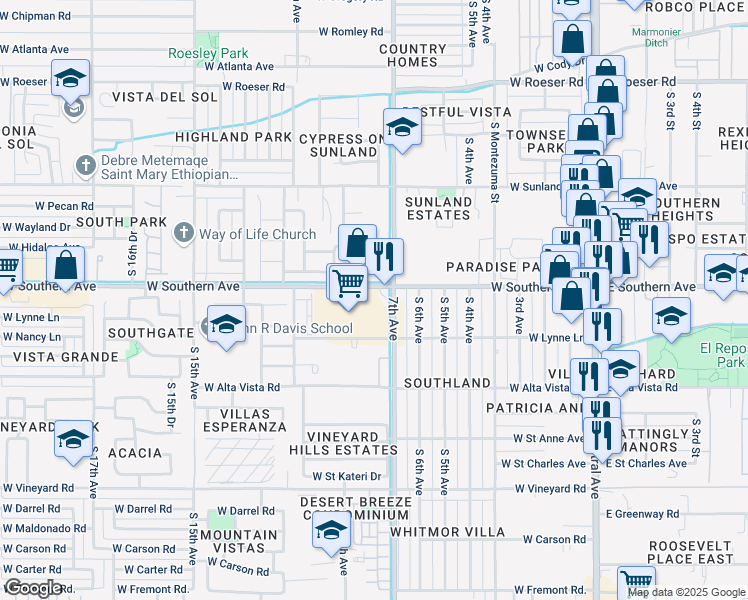 map of restaurants, bars, coffee shops, grocery stores, and more near 725 West Southern Avenue in Phoenix