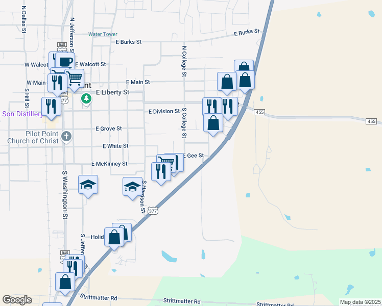 map of restaurants, bars, coffee shops, grocery stores, and more near 565 East Gee Street in Pilot Point