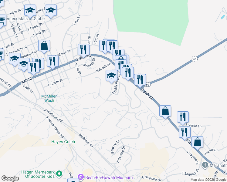 map of restaurants, bars, coffee shops, grocery stores, and more near 755 Prickly Pear Drive in Globe