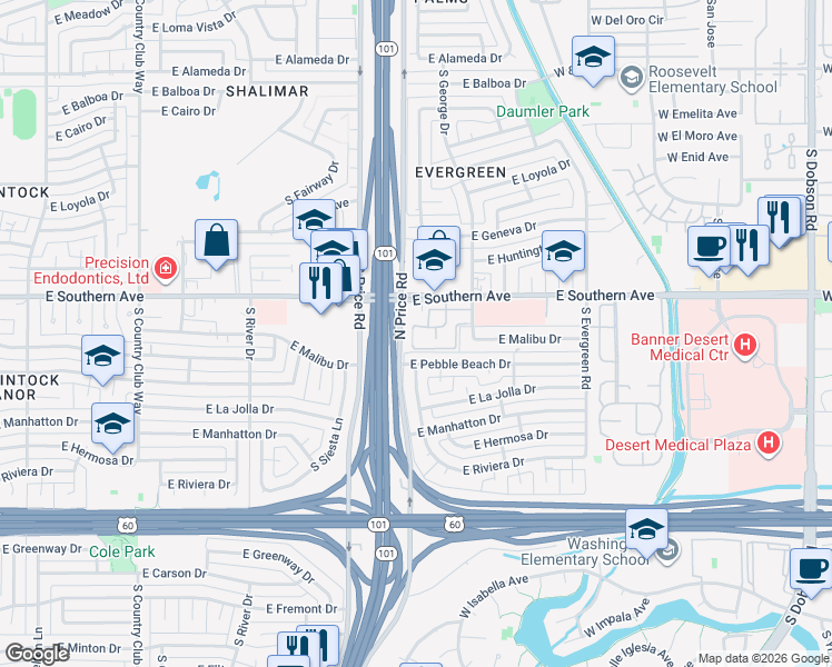 map of restaurants, bars, coffee shops, grocery stores, and more near 2333 East Southern Avenue in Tempe