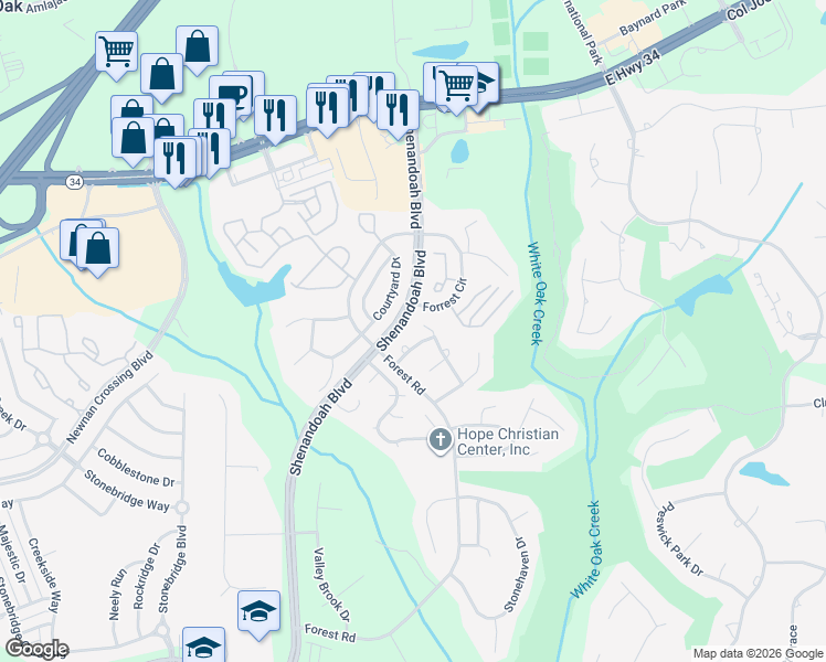 map of restaurants, bars, coffee shops, grocery stores, and more near 6 Camphor Drive in Newnan