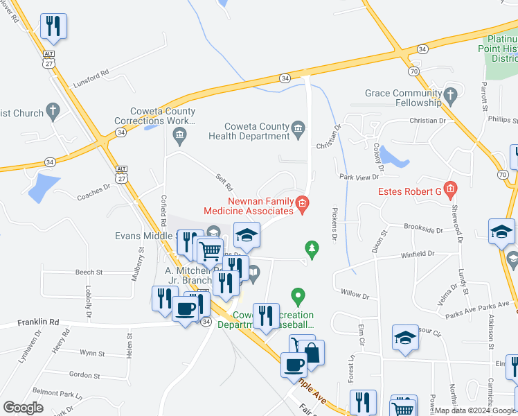 map of restaurants, bars, coffee shops, grocery stores, and more near 101 Selt Road in Newnan