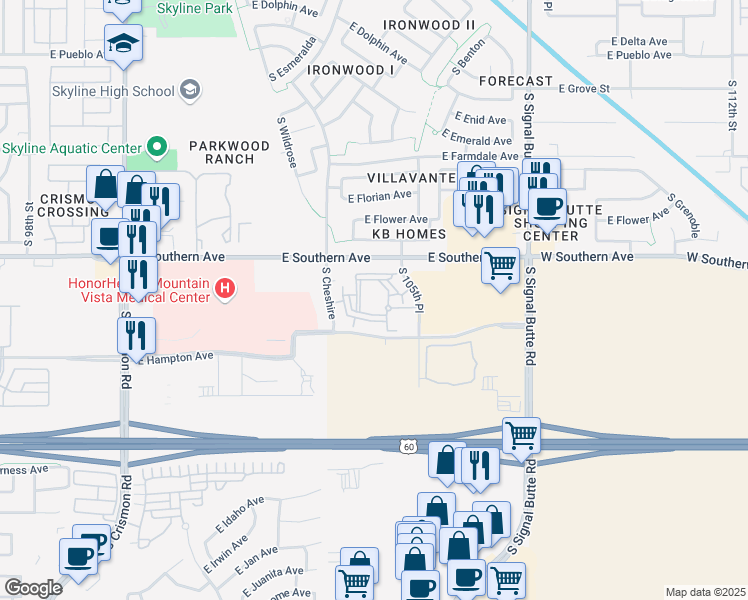 map of restaurants, bars, coffee shops, grocery stores, and more near 1304 South 105th Place in Mesa