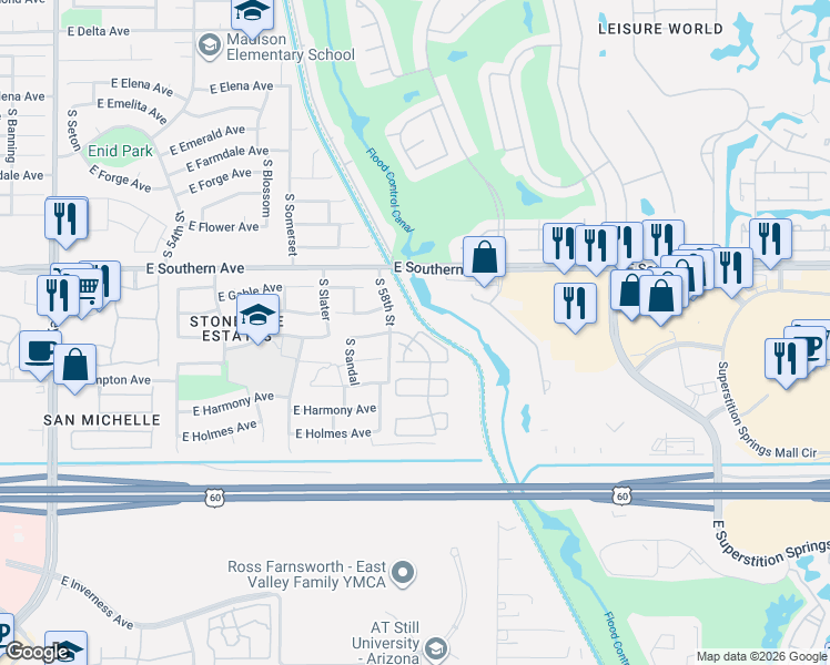 map of restaurants, bars, coffee shops, grocery stores, and more near 1320 South Salem in Mesa