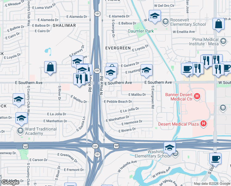 map of restaurants, bars, coffee shops, grocery stores, and more near 3350 South George Drive in Tempe
