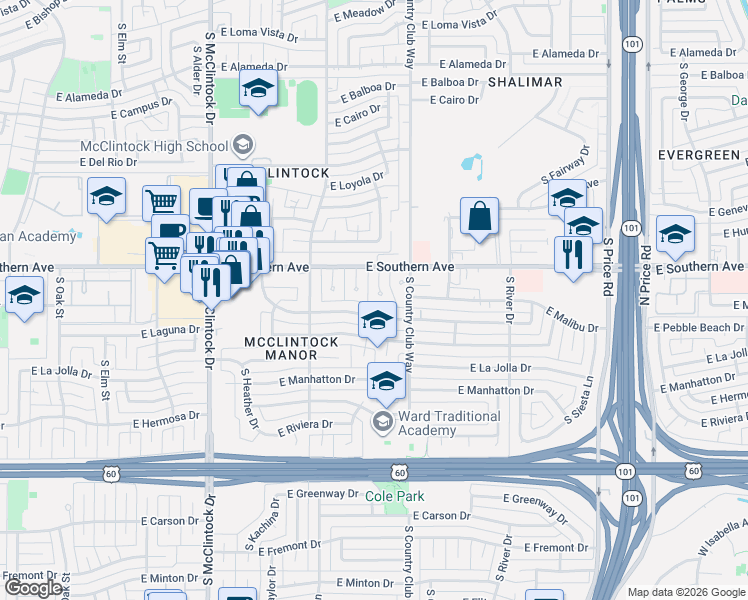 map of restaurants, bars, coffee shops, grocery stores, and more near 1976 East Laguna Drive in Tempe