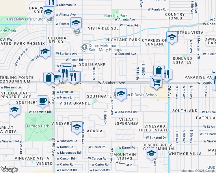 map of restaurants, bars, coffee shops, grocery stores, and more near 6013 South 15th Drive in Phoenix