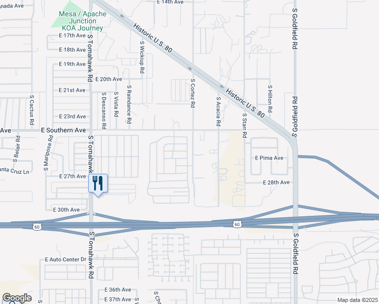 map of restaurants, bars, coffee shops, grocery stores, and more near 2579 South Conestoga Road in Apache Junction