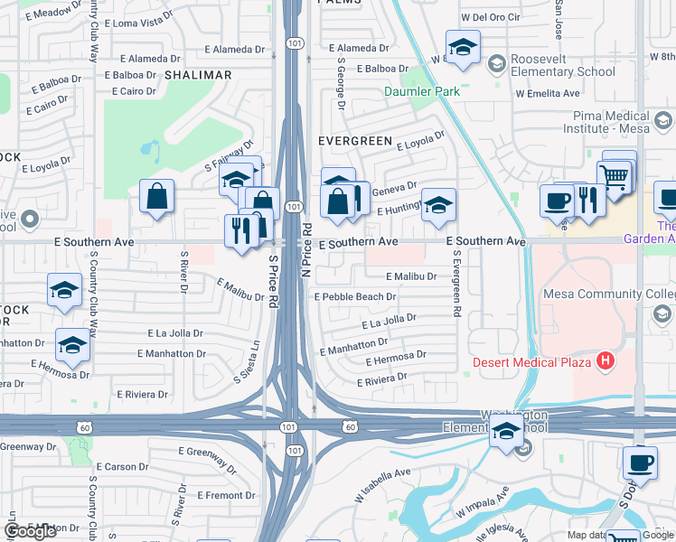 map of restaurants, bars, coffee shops, grocery stores, and more near 2333 East Southern Avenue in Tempe