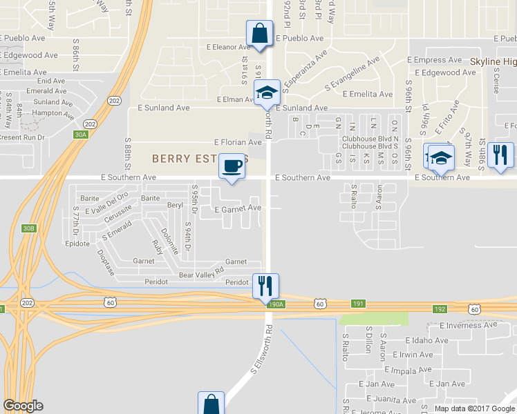 map of restaurants, bars, coffee shops, grocery stores, and more near 1260 South Providence in Mesa