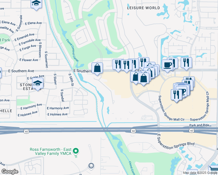 map of restaurants, bars, coffee shops, grocery stores, and more near 6001 East Southern Avenue in Mesa