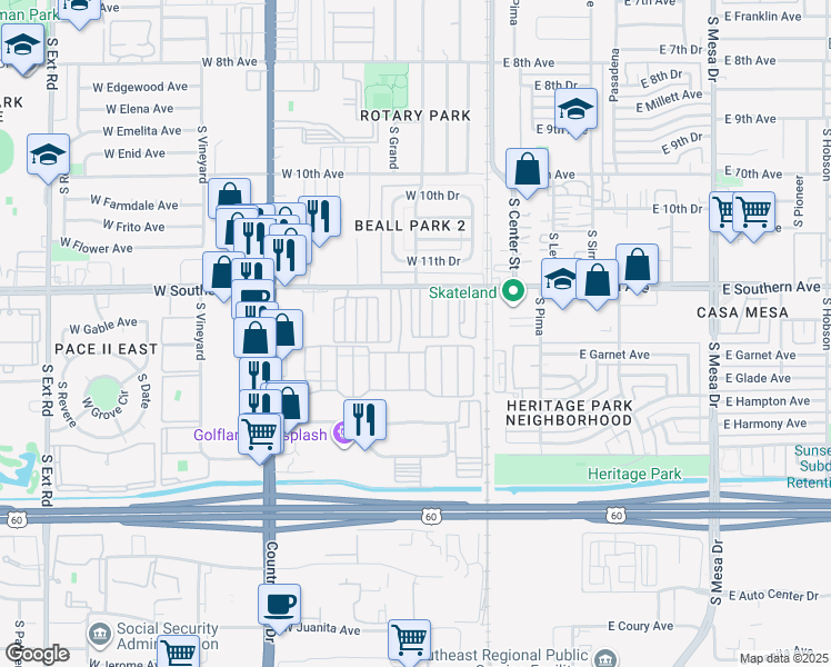 map of restaurants, bars, coffee shops, grocery stores, and more near 61 West Southern Avenue in Mesa