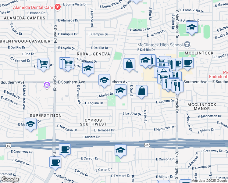 map of restaurants, bars, coffee shops, grocery stores, and more near 1266 East Malibu Drive in Tempe