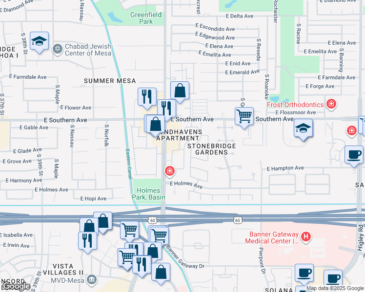 map of restaurants, bars, coffee shops, grocery stores, and more near 1361 East Southern Avenue in Mesa
