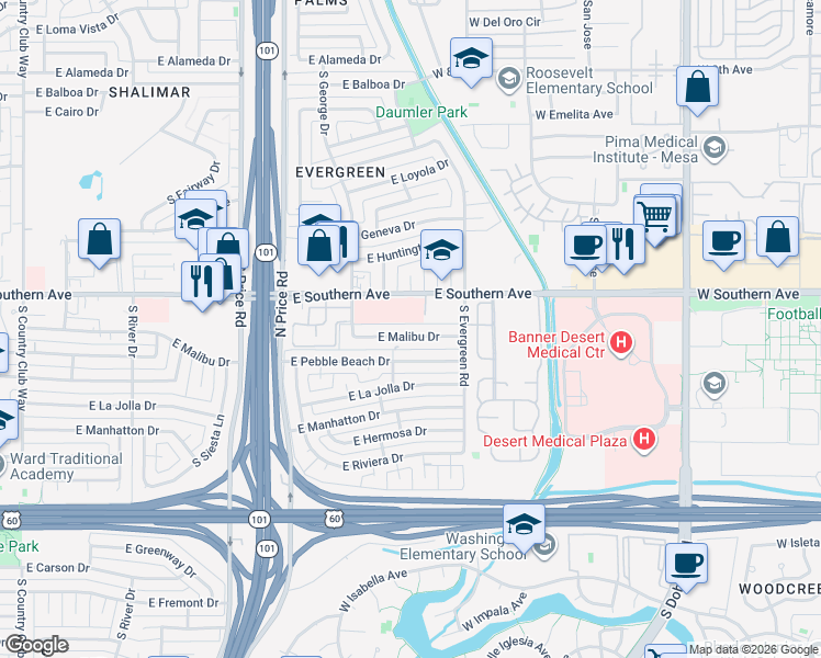 map of restaurants, bars, coffee shops, grocery stores, and more near 2513 East Malibu Drive in Tempe
