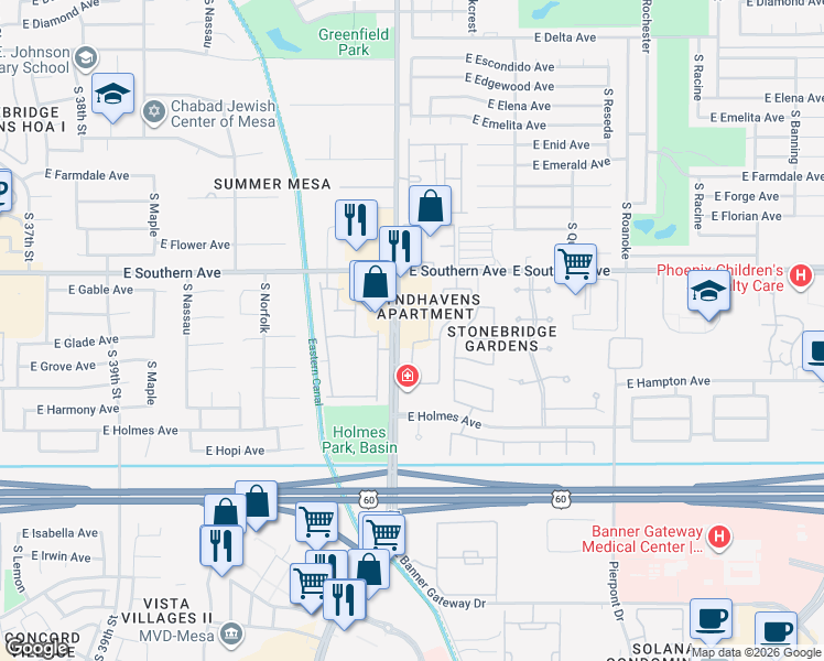 map of restaurants, bars, coffee shops, grocery stores, and more near 1305 South Greenfield Road in Mesa