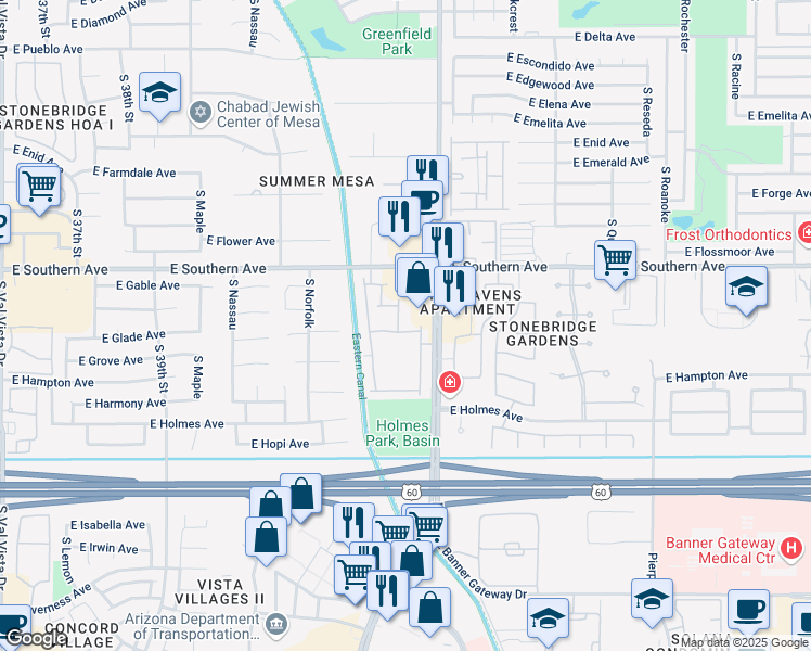 map of restaurants, bars, coffee shops, grocery stores, and more near Unnamed Road in Mesa