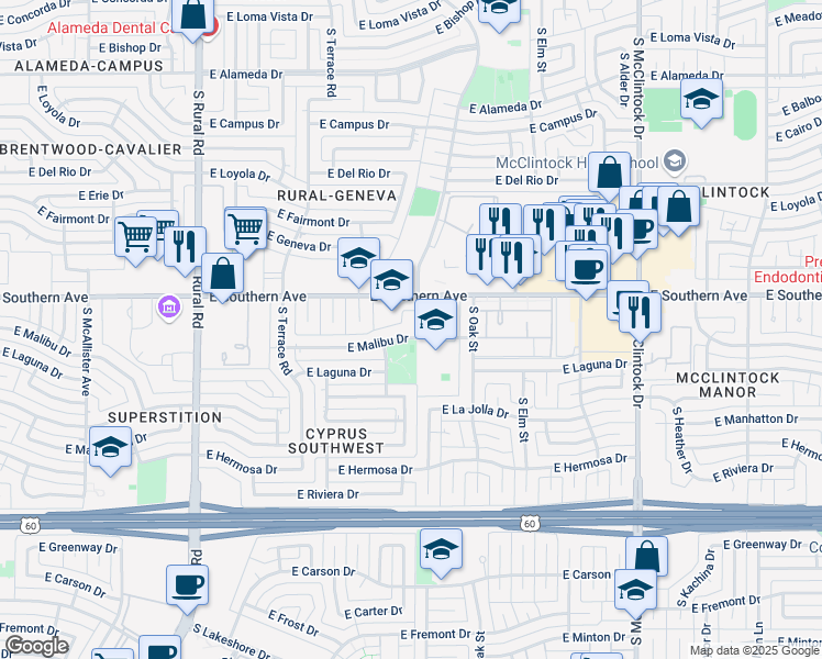 map of restaurants, bars, coffee shops, grocery stores, and more near 1266 East Malibu Drive in Tempe