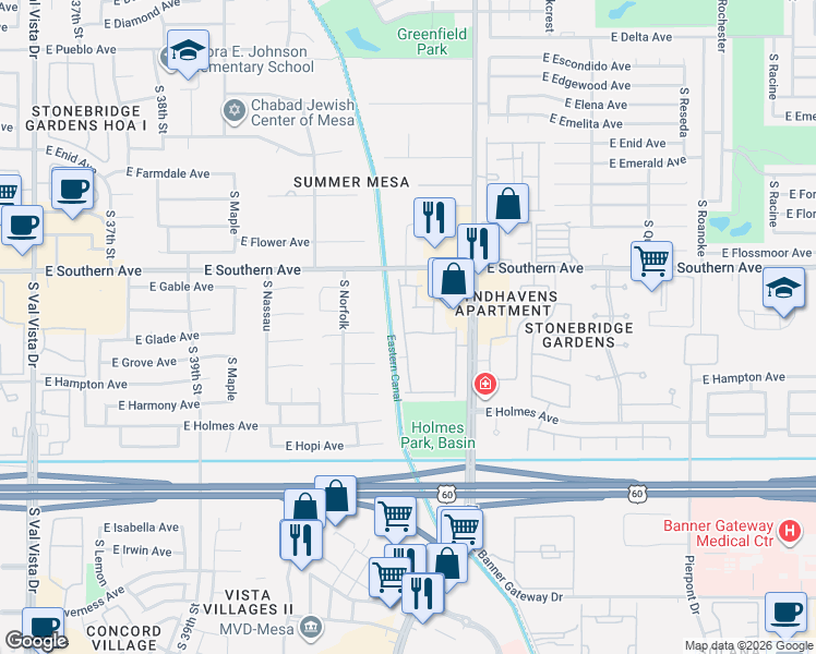 map of restaurants, bars, coffee shops, grocery stores, and more near 1350 South Greenfield Road in Mesa