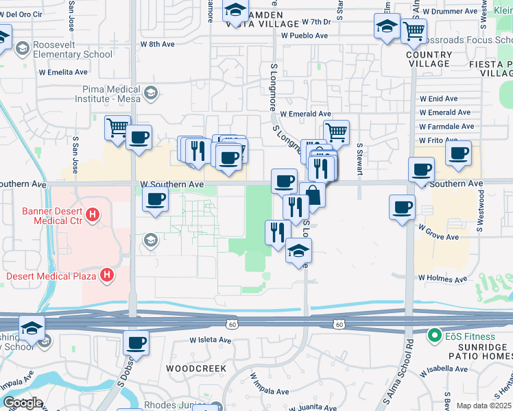 map of restaurants, bars, coffee shops, grocery stores, and more near 1230 South Longmore in Mesa