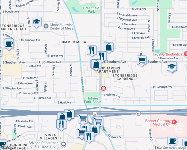 map of restaurants, bars, coffee shops, grocery stores, and more near Unnamed Road in Mesa