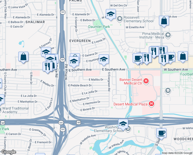 map of restaurants, bars, coffee shops, grocery stores, and more near 2513 East Malibu Drive in Tempe