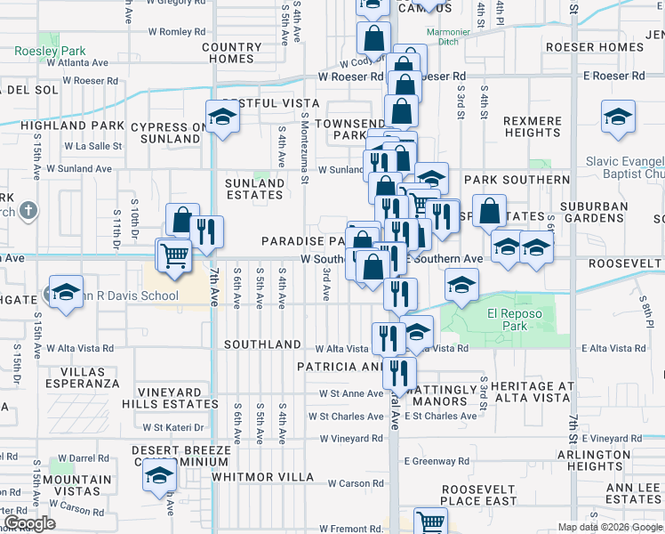 map of restaurants, bars, coffee shops, grocery stores, and more near 6016 South 3rd Avenue in Phoenix
