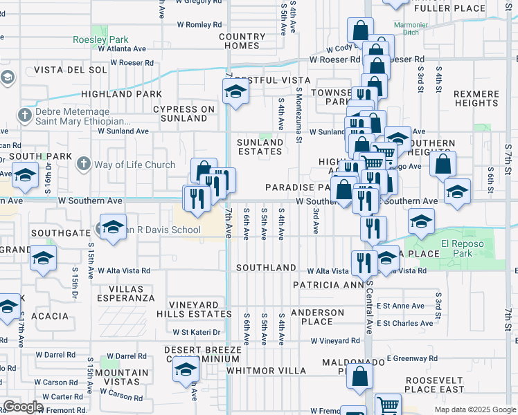 map of restaurants, bars, coffee shops, grocery stores, and more near 6020 South 5th Avenue in Phoenix
