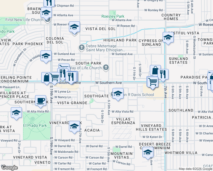 map of restaurants, bars, coffee shops, grocery stores, and more near 6013 South 15th Drive in Phoenix