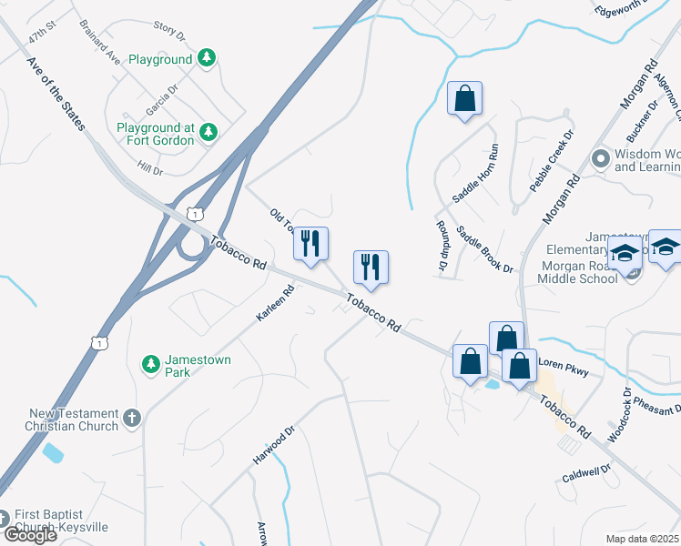 map of restaurants, bars, coffee shops, grocery stores, and more near 2920 Tobacco Road in Hephzibah