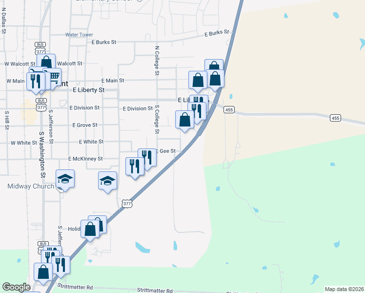 map of restaurants, bars, coffee shops, grocery stores, and more near 600 U.S. 377 in Pilot Point