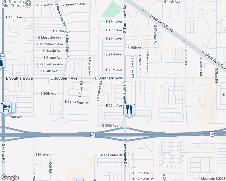 map of restaurants, bars, coffee shops, grocery stores, and more near 2603 South Gila Road in Apache Junction