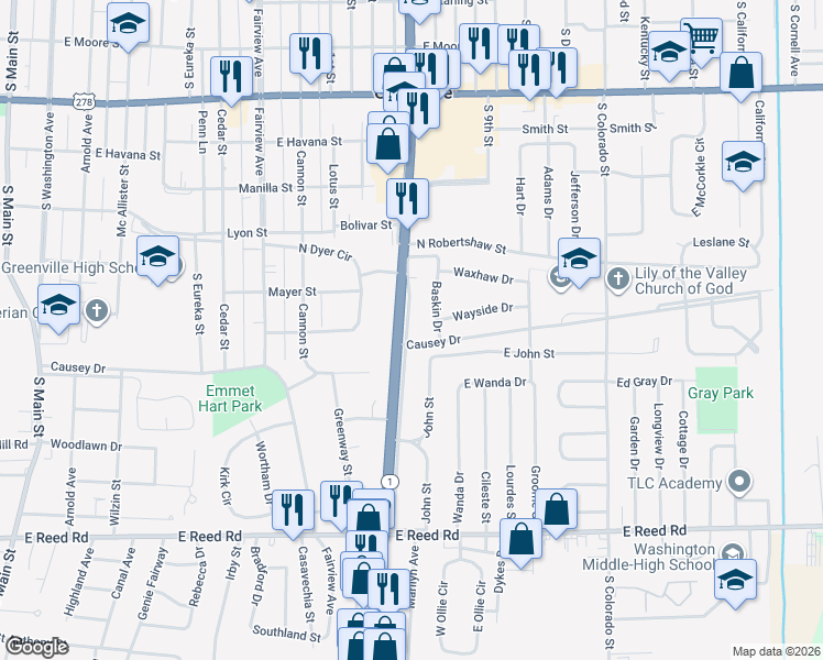 map of restaurants, bars, coffee shops, grocery stores, and more near 1044 Margaret Boulevard in Greenville