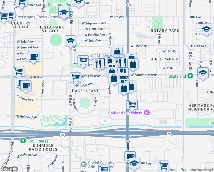 map of restaurants, bars, coffee shops, grocery stores, and more near 1248 South Vineyard in Mesa