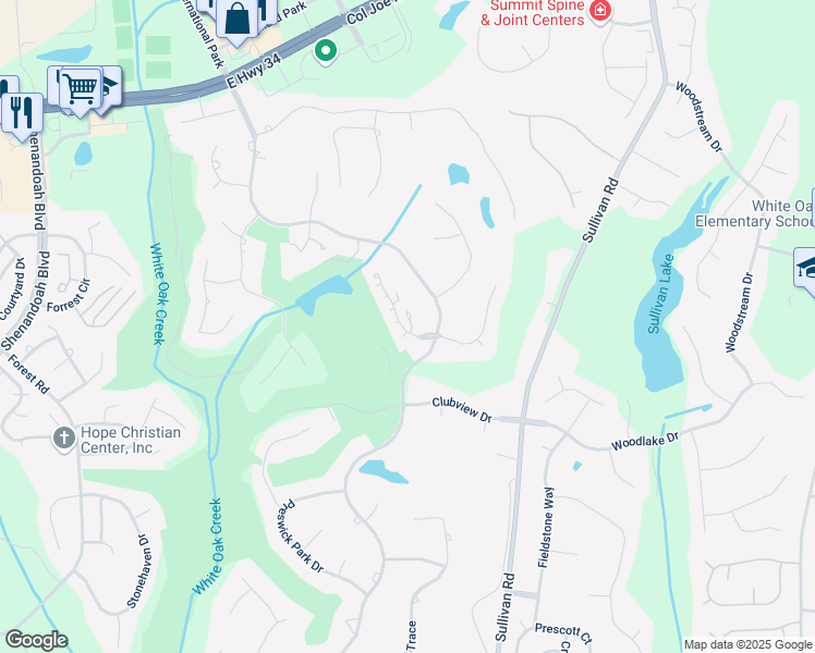 map of restaurants, bars, coffee shops, grocery stores, and more near 13 Village Lane in Newnan