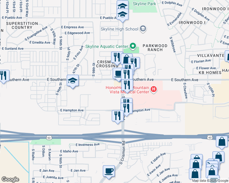 map of restaurants, bars, coffee shops, grocery stores, and more near 1248 South Crismon Road in Mesa