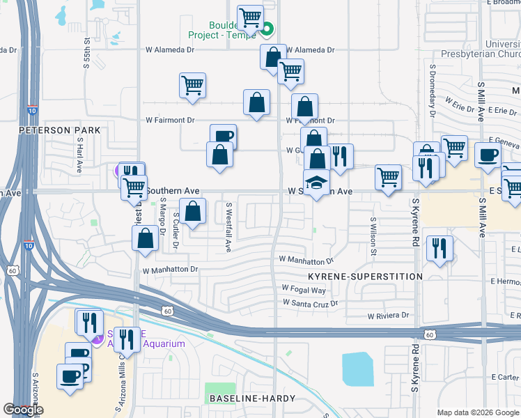 map of restaurants, bars, coffee shops, grocery stores, and more near 1029 West Malibu Drive in Tempe