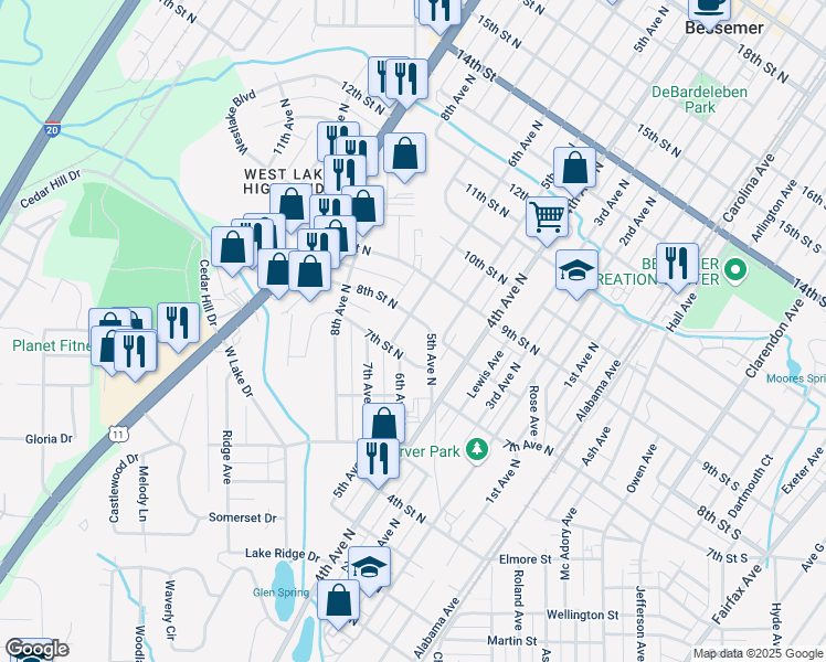map of restaurants, bars, coffee shops, grocery stores, and more near 705 6th Avenue North in Bessemer