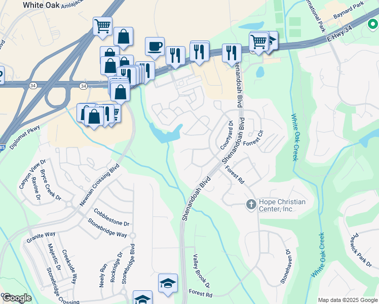 map of restaurants, bars, coffee shops, grocery stores, and more near 1 Silverwood Drive in Newnan