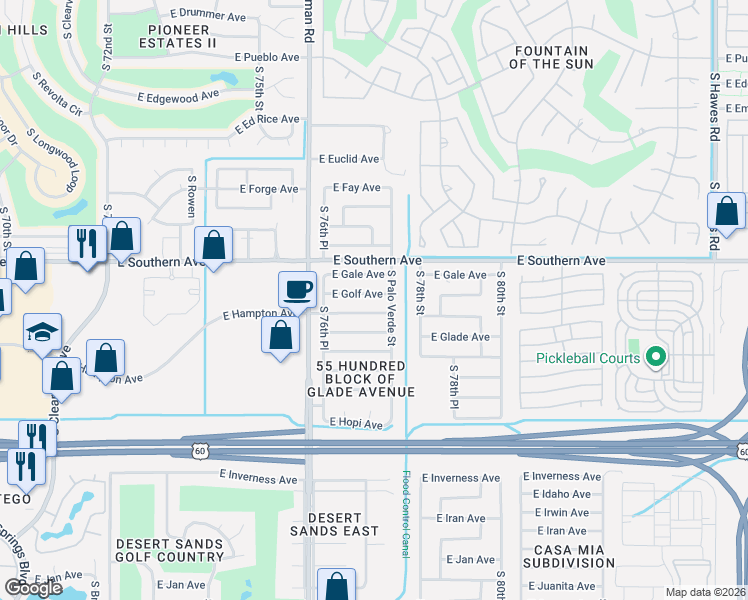 map of restaurants, bars, coffee shops, grocery stores, and more near 7726 East Garnet Avenue in Mesa