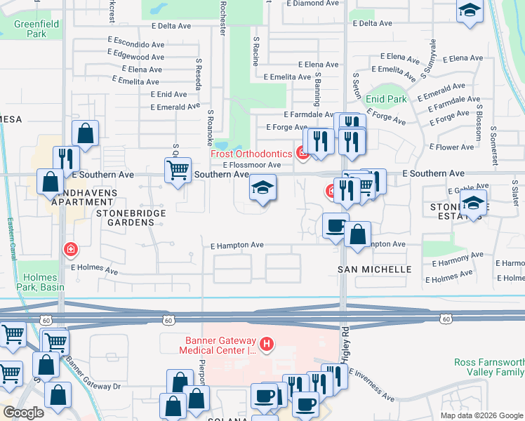 map of restaurants, bars, coffee shops, grocery stores, and more near 4949 East Southern Avenue in Mesa