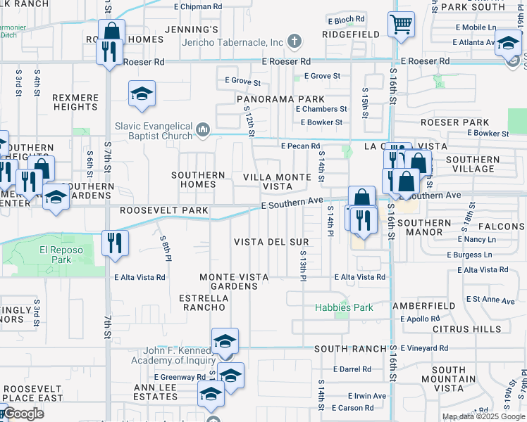 map of restaurants, bars, coffee shops, grocery stores, and more near 6023 South 12 Place in Phoenix