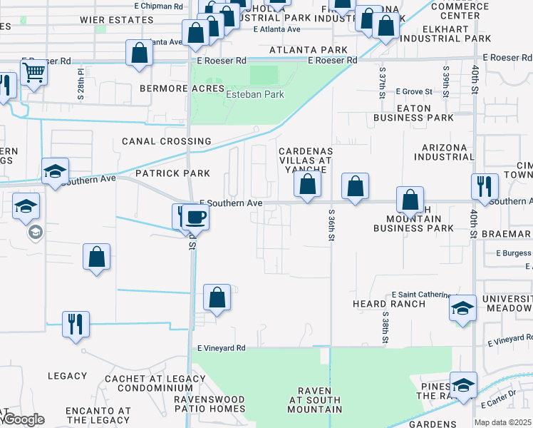 map of restaurants, bars, coffee shops, grocery stores, and more near 3401 East Southern Avenue in Phoenix