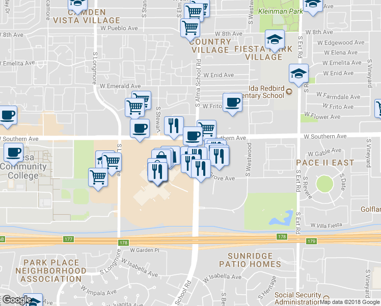 map of restaurants, bars, coffee shops, grocery stores, and more near 1250 S Alma School Rd in Mesa