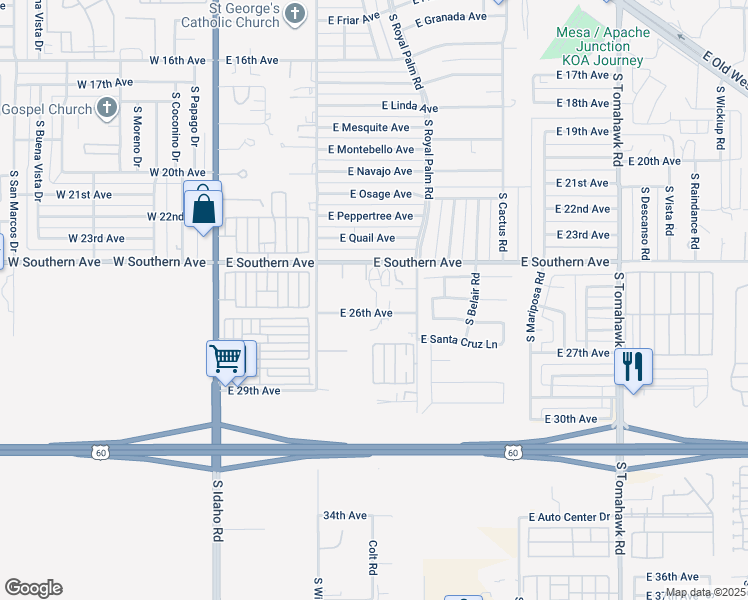 map of restaurants, bars, coffee shops, grocery stores, and more near 577 East 26th Avenue in Apache Junction